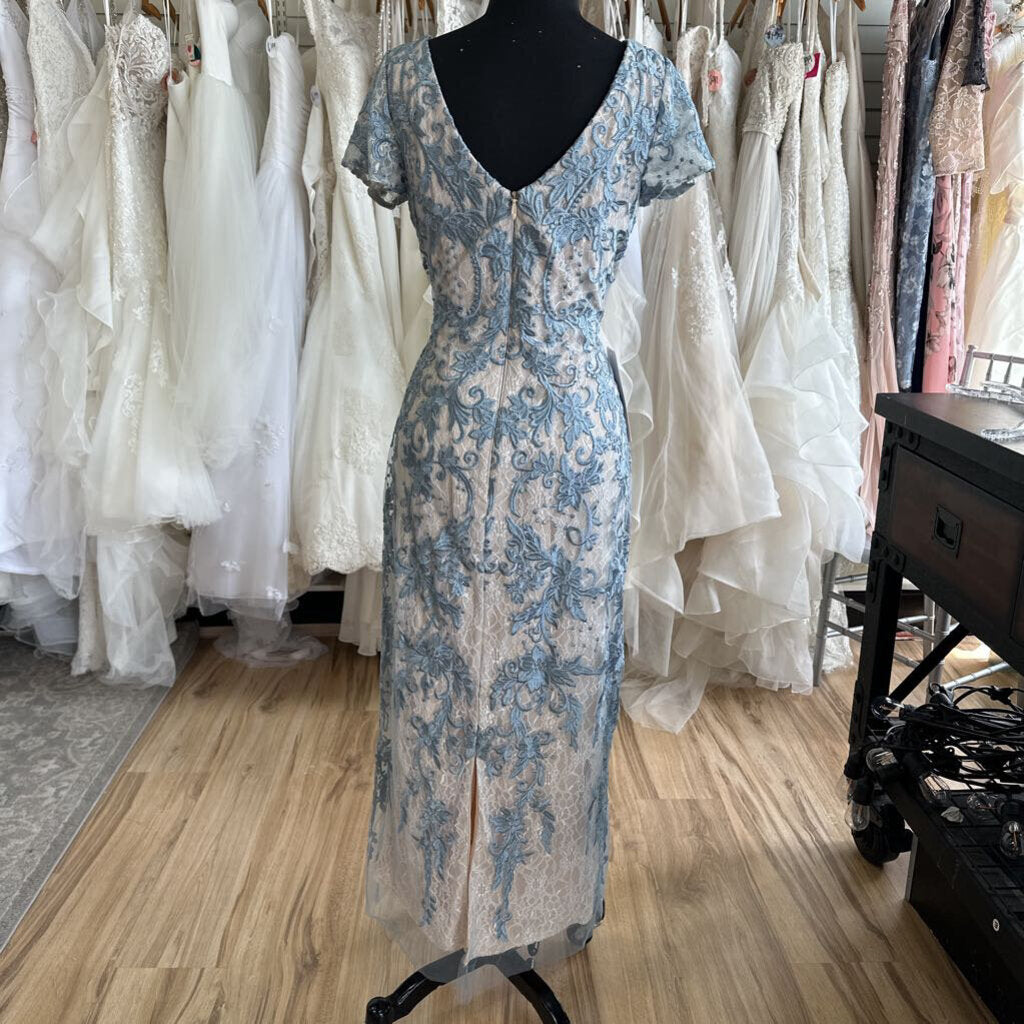 Azazie Blue/ Beige Layered Lace Short Sleeve Long Formal Dress 10