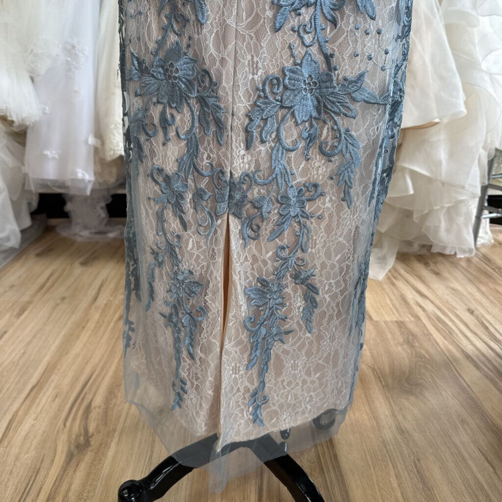 Azazie Blue/ Beige Layered Lace Short Sleeve Long Formal Dress 10