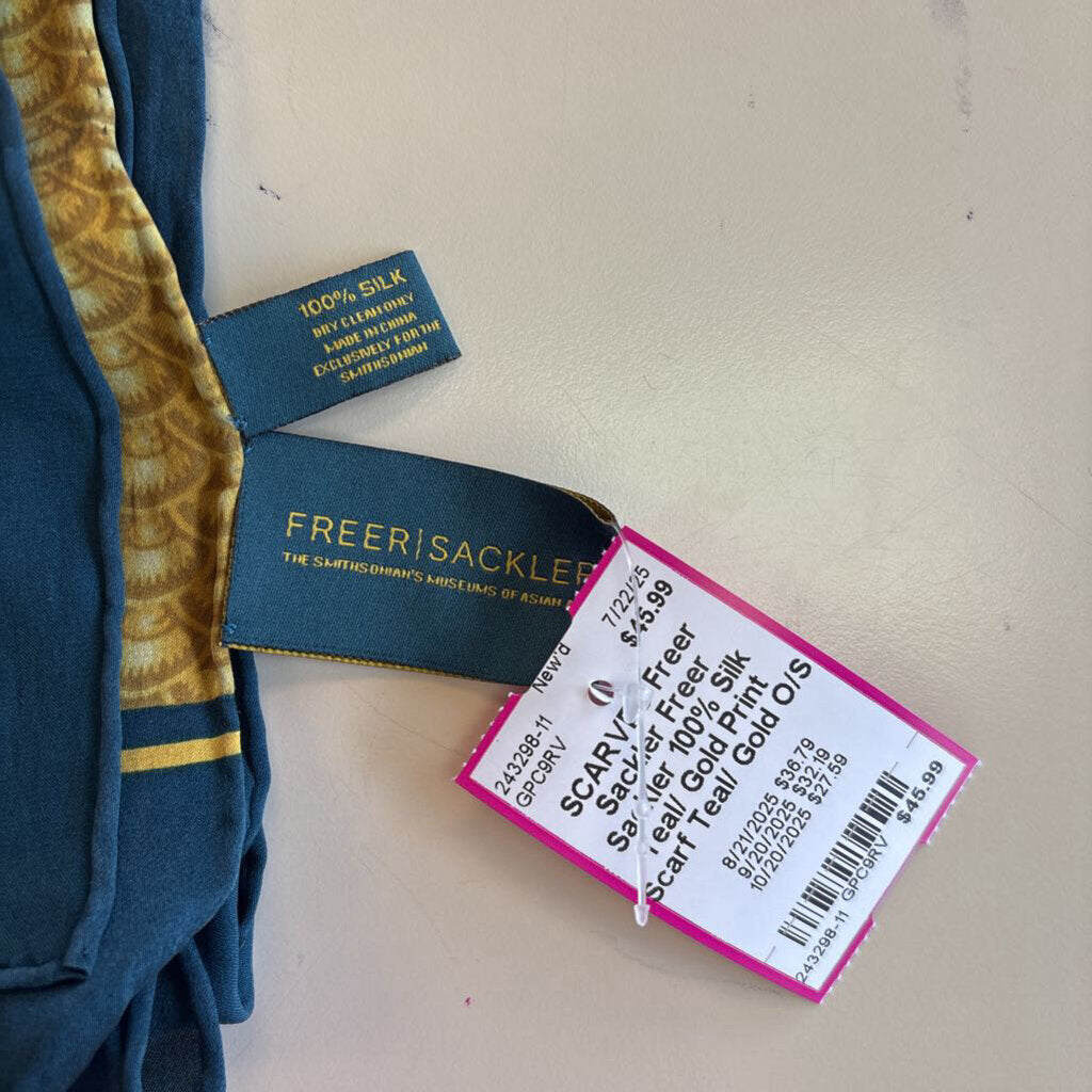 Freer Sackler 100% Silk Teal/ Gold Print Scarf