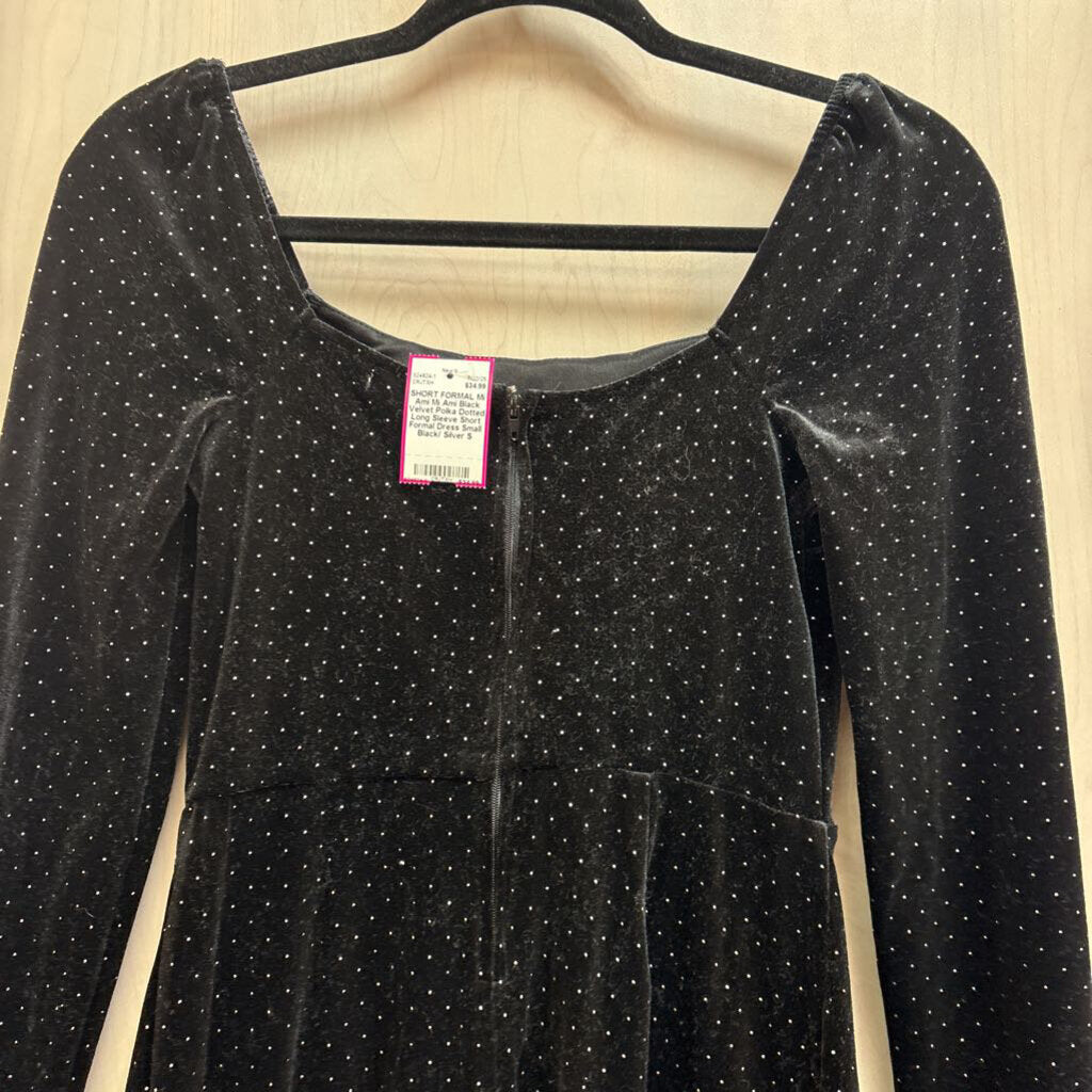Mi Ami Black Velvet Polka Dotted Long Sleeve Short Formal Dress Small