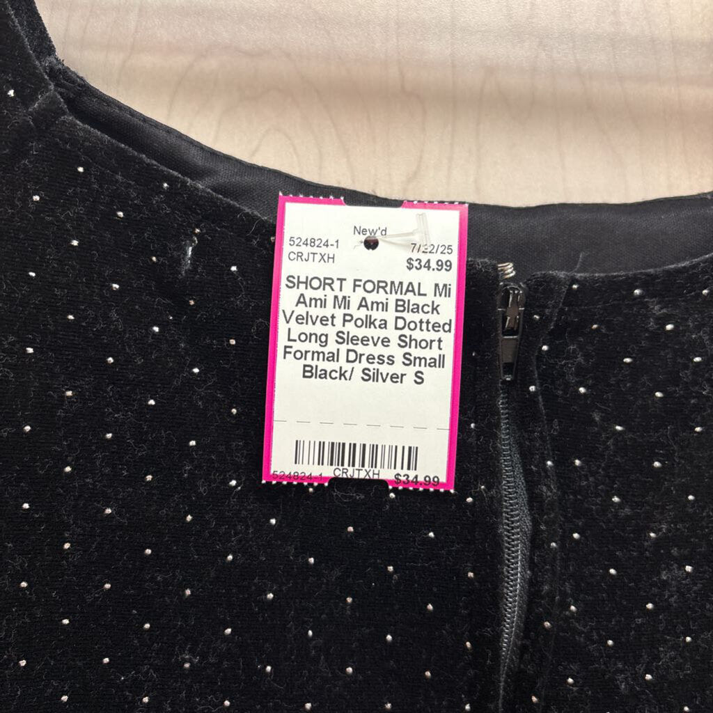 Mi Ami Black Velvet Polka Dotted Long Sleeve Short Formal Dress Small