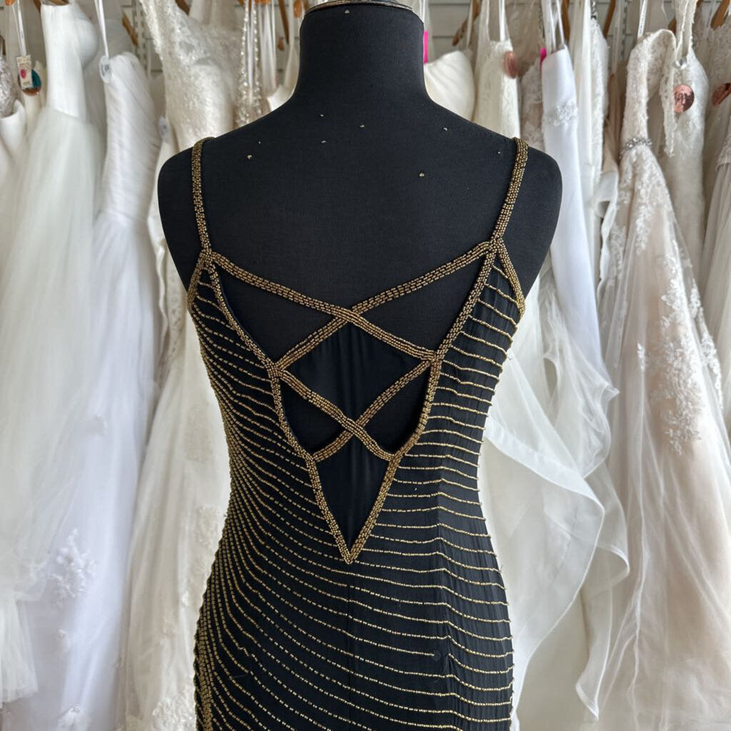 Vintage AJ Bari Black/ Gold Beaded Long Formal Dress 6