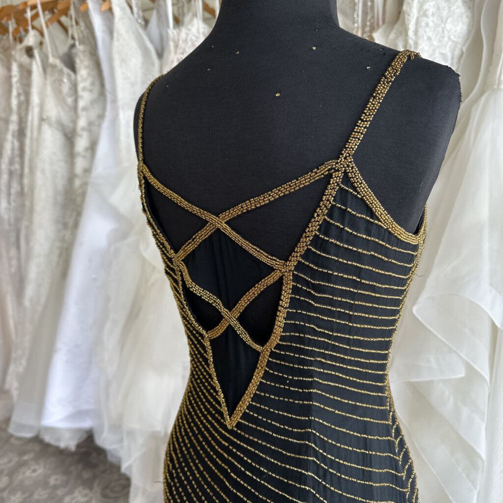 Vintage AJ Bari Black/ Gold Beaded Long Formal Dress 6