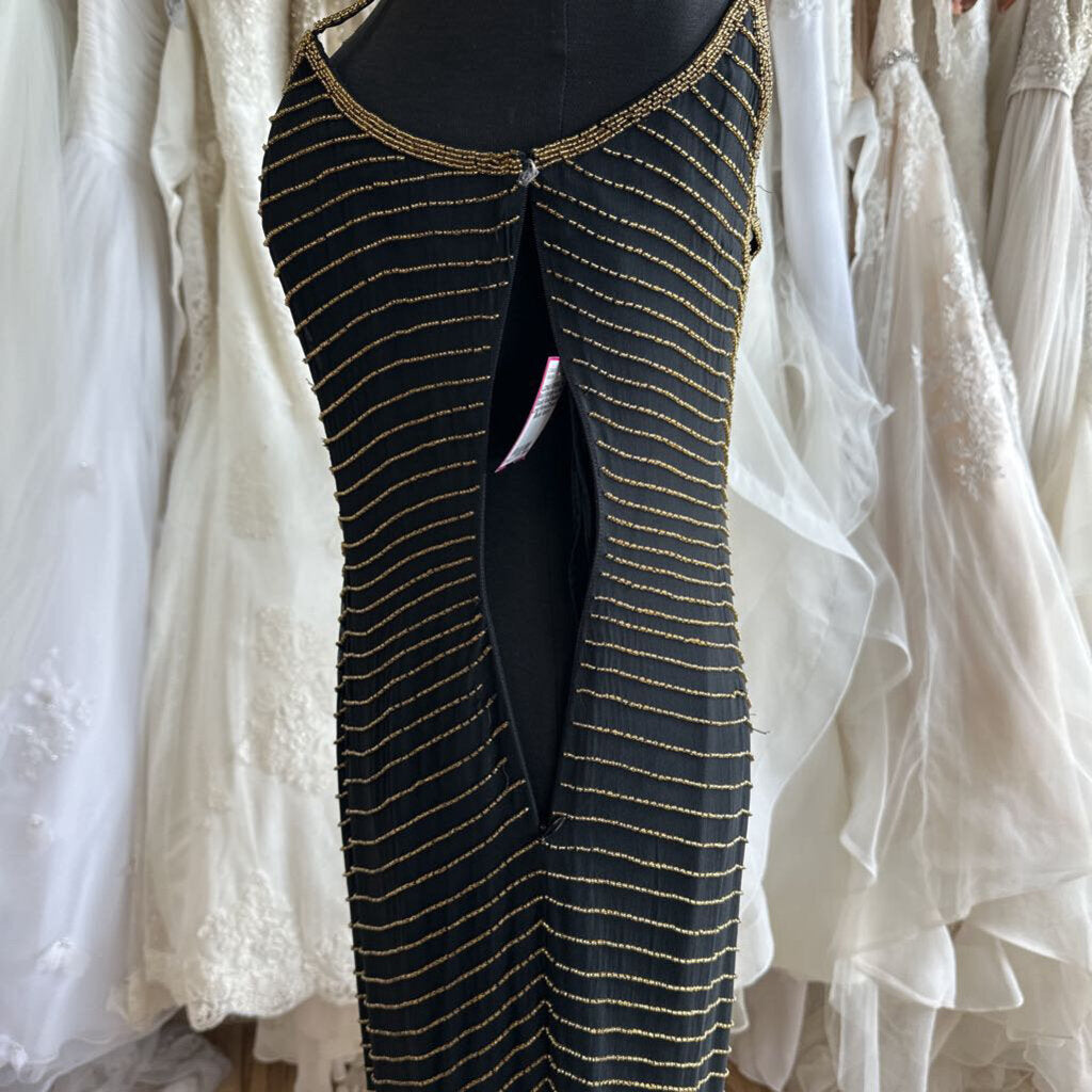 Vintage AJ Bari Black/ Gold Beaded Long Formal Dress 6