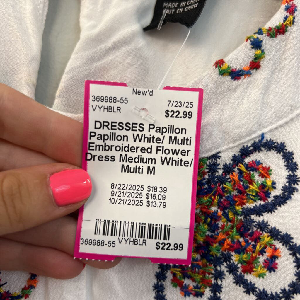 Papillon White/ Multi Embroidered Flower Dress Medium
