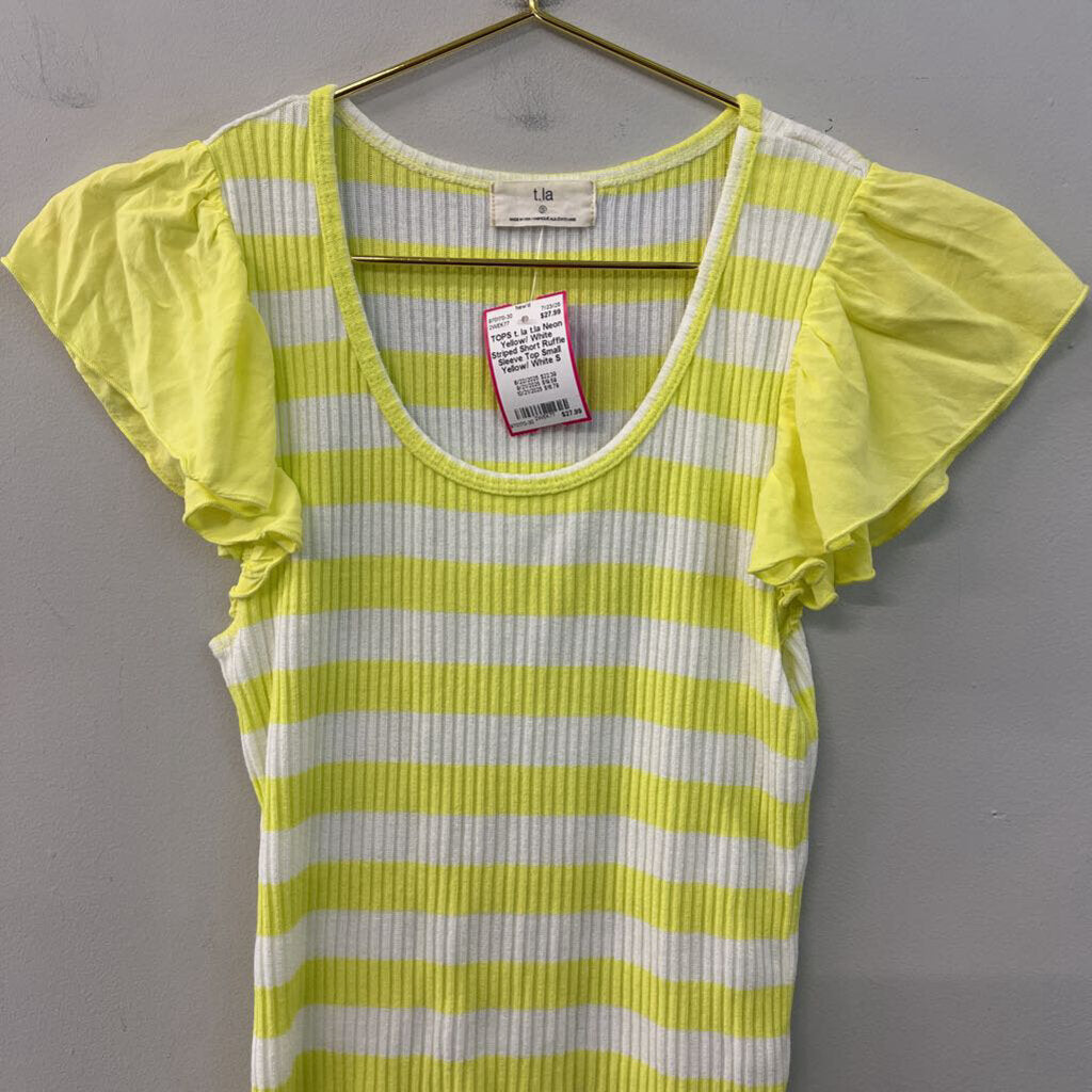 t.la Neon Yellow/ White Striped Short Ruffle Sleeve Top Small