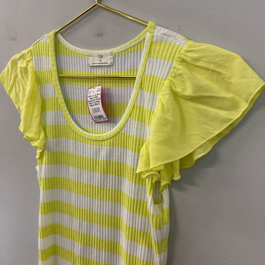 t.la Neon Yellow/ White Striped Short Ruffle Sleeve Top Small
