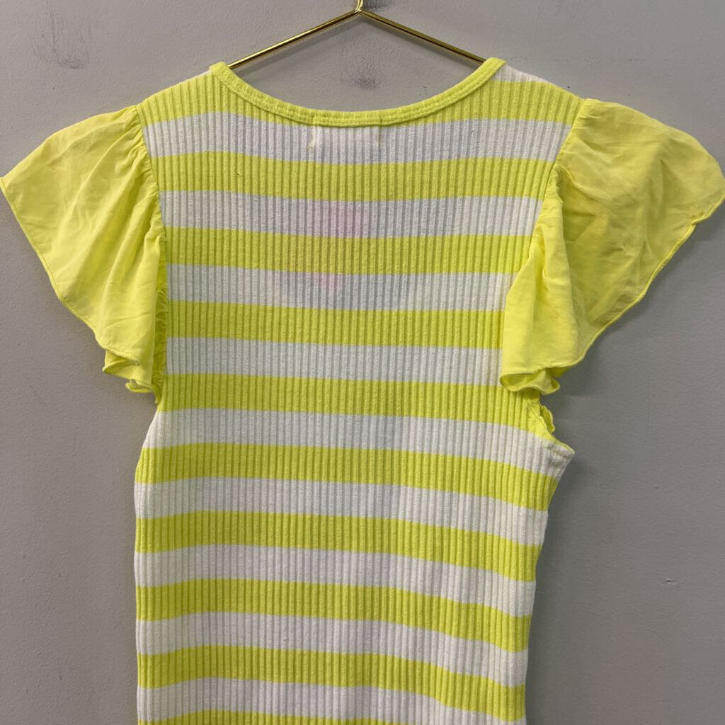 t.la Neon Yellow/ White Striped Short Ruffle Sleeve Top Small
