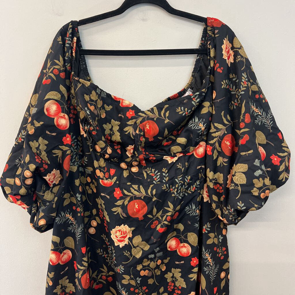 Cider Black/ Multi Botanical Print Long Puff Sleeve Maxi Dress 4X