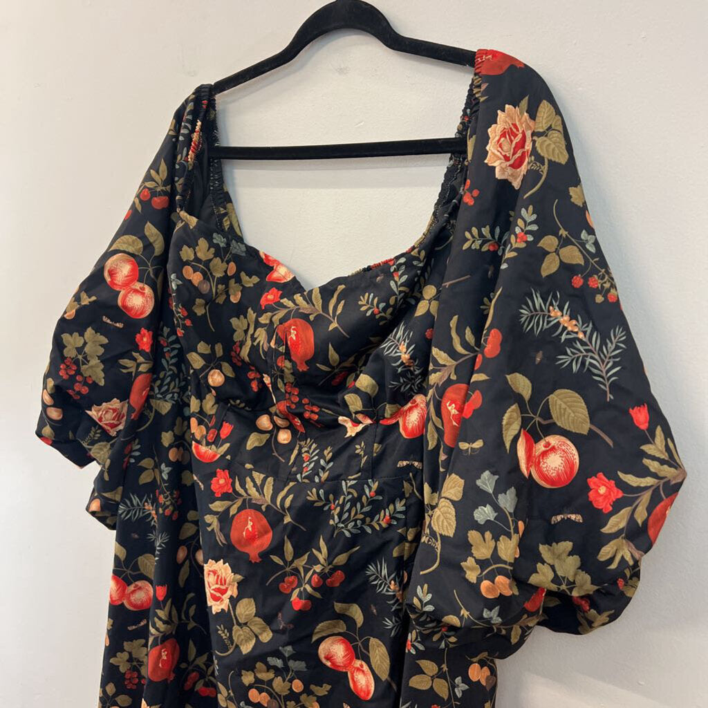 Cider Black/ Multi Botanical Print Long Puff Sleeve Maxi Dress 4X