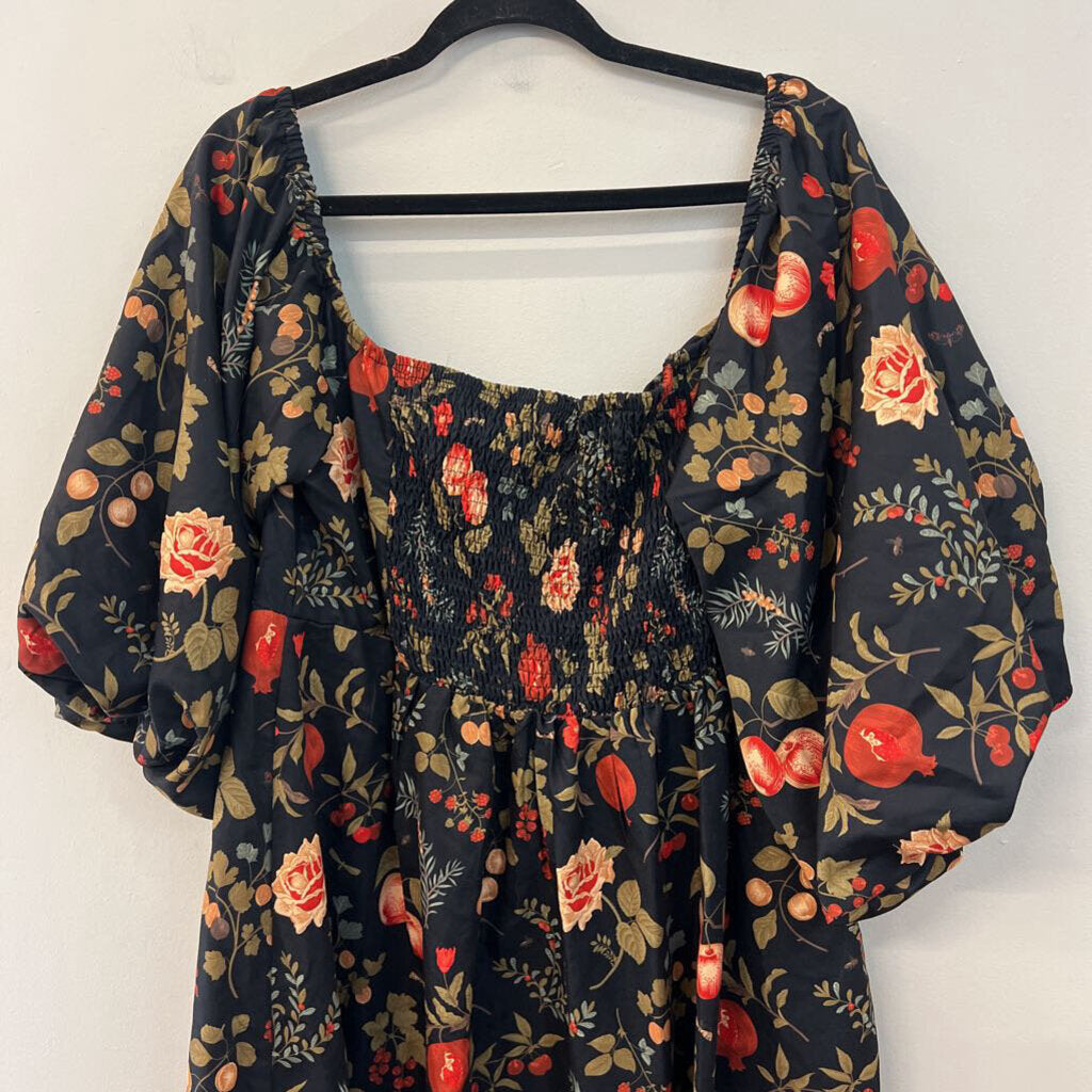 Cider Black/ Multi Botanical Print Long Puff Sleeve Maxi Dress 4X