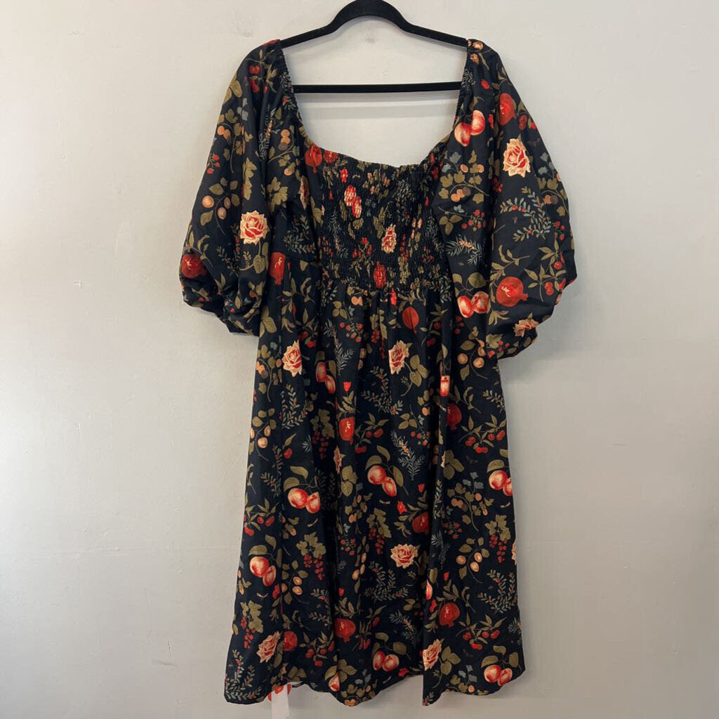 Cider Black/ Multi Botanical Print Long Puff Sleeve Maxi Dress 4X