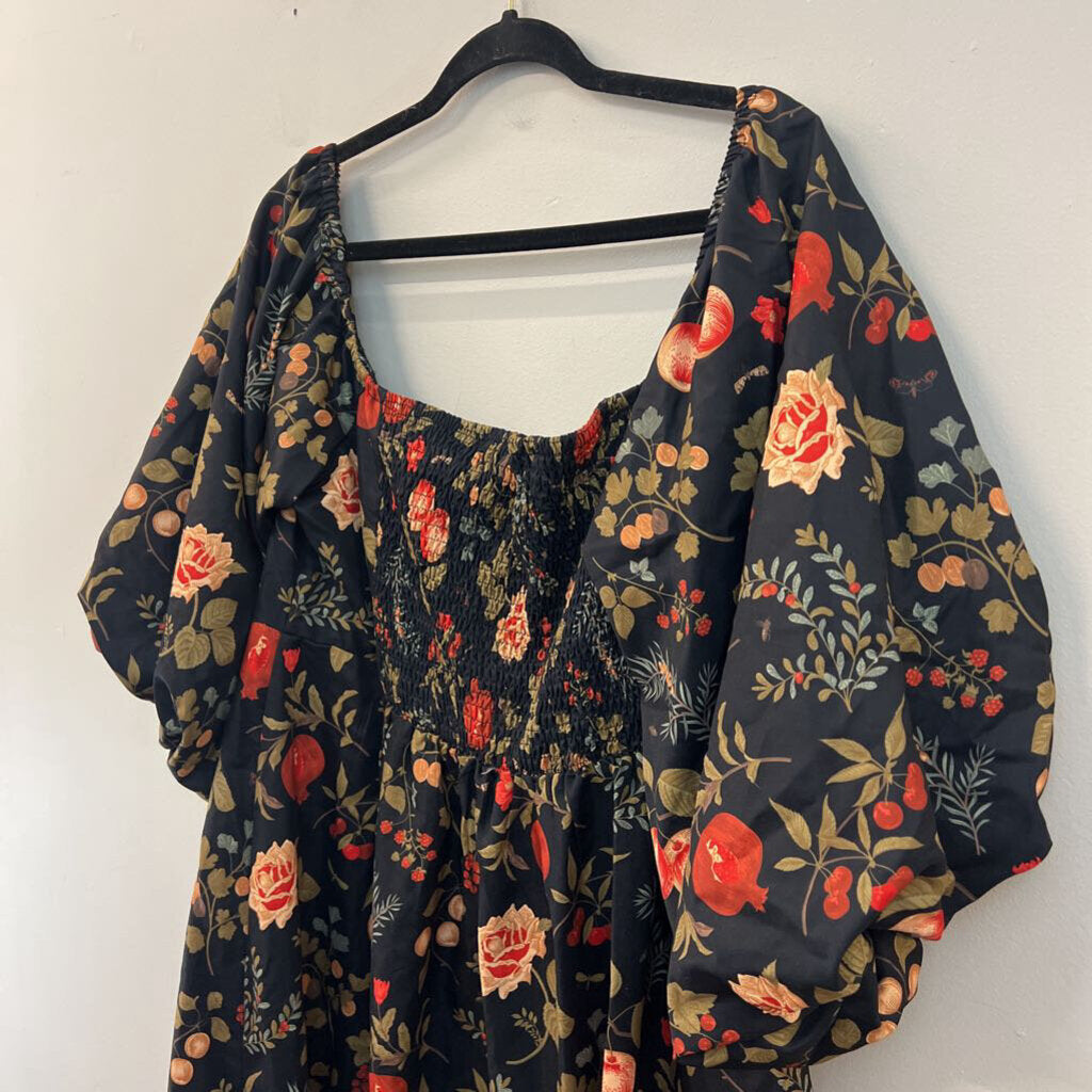 Cider Black/ Multi Botanical Print Long Puff Sleeve Maxi Dress 4X