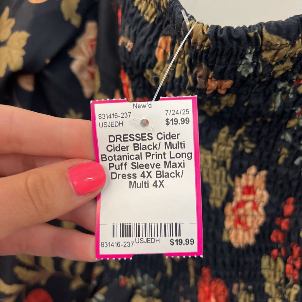 Cider Black/ Multi Botanical Print Long Puff Sleeve Maxi Dress 4X