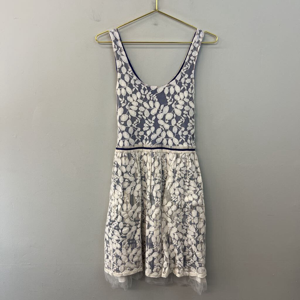 Anthropologie Blue/ Cream Lace Overlay Tank Dress Large