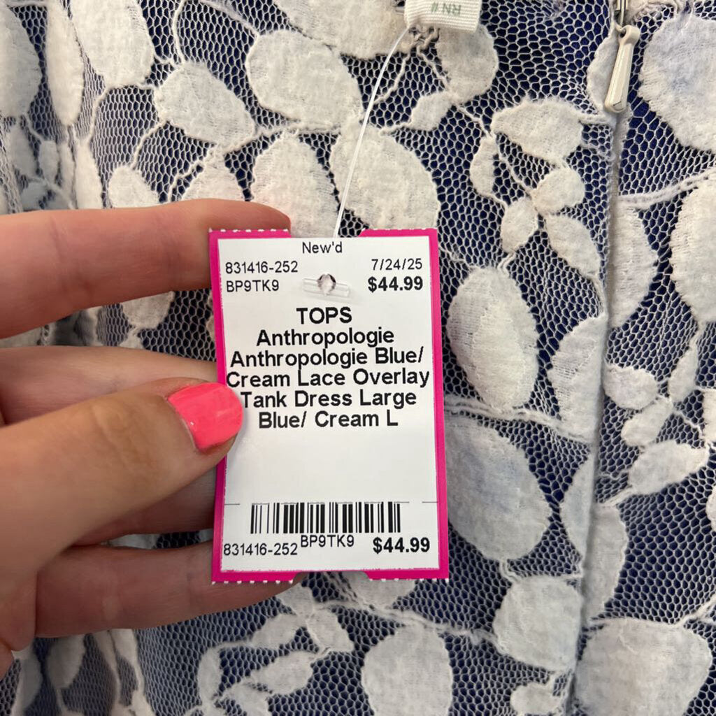 Anthropologie Blue/ Cream Lace Overlay Tank Dress Large