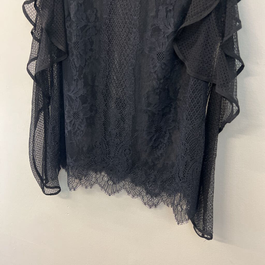 BCBG Black Sheer Lace Long Sleeve Ruffle Mock Neck Top Small