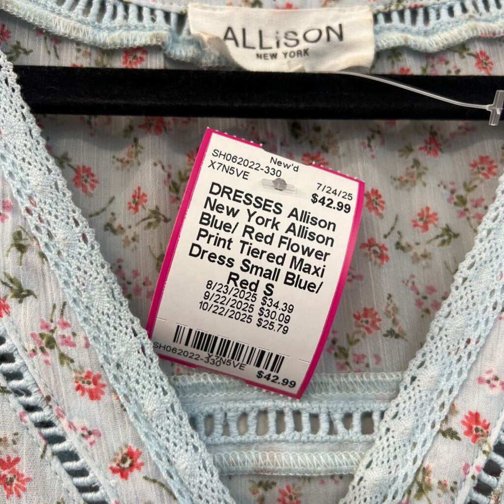 Allison Blue/ Red Flower Print Tiered Maxi Dress Small