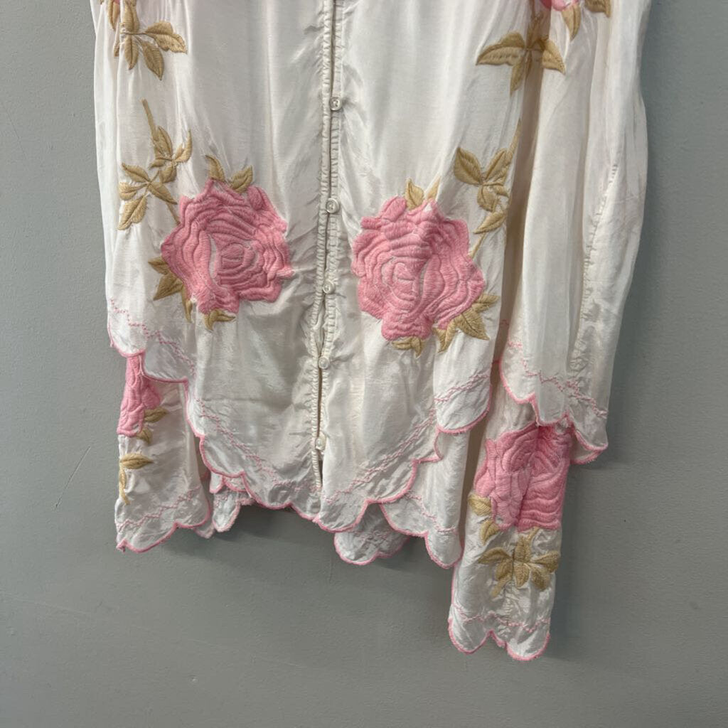 Free People White/ Pink Silky Embroidered Flower Tank Top Small