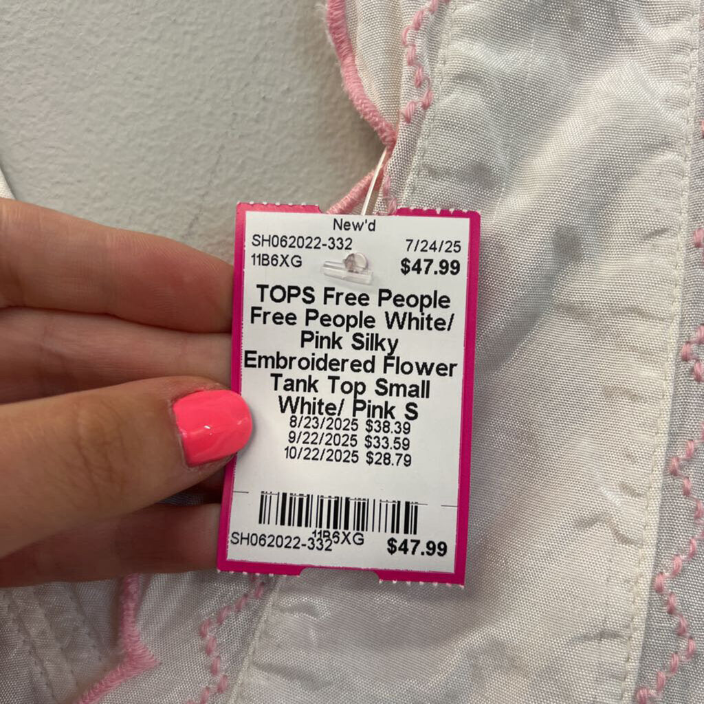 Free People White/ Pink Silky Embroidered Flower Tank Top Small