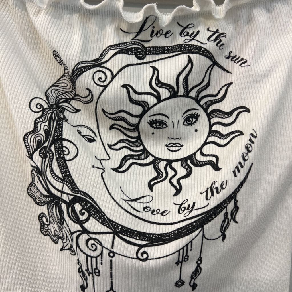 Fashion Nova White/ Black Sun/ Moon Print Cropped Lace Up Back Top Medium