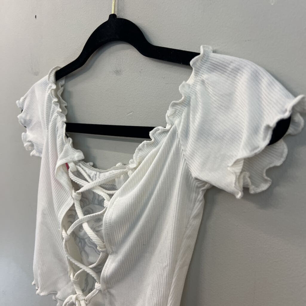 Fashion Nova White/ Black Sun/ Moon Print Cropped Lace Up Back Top Medium