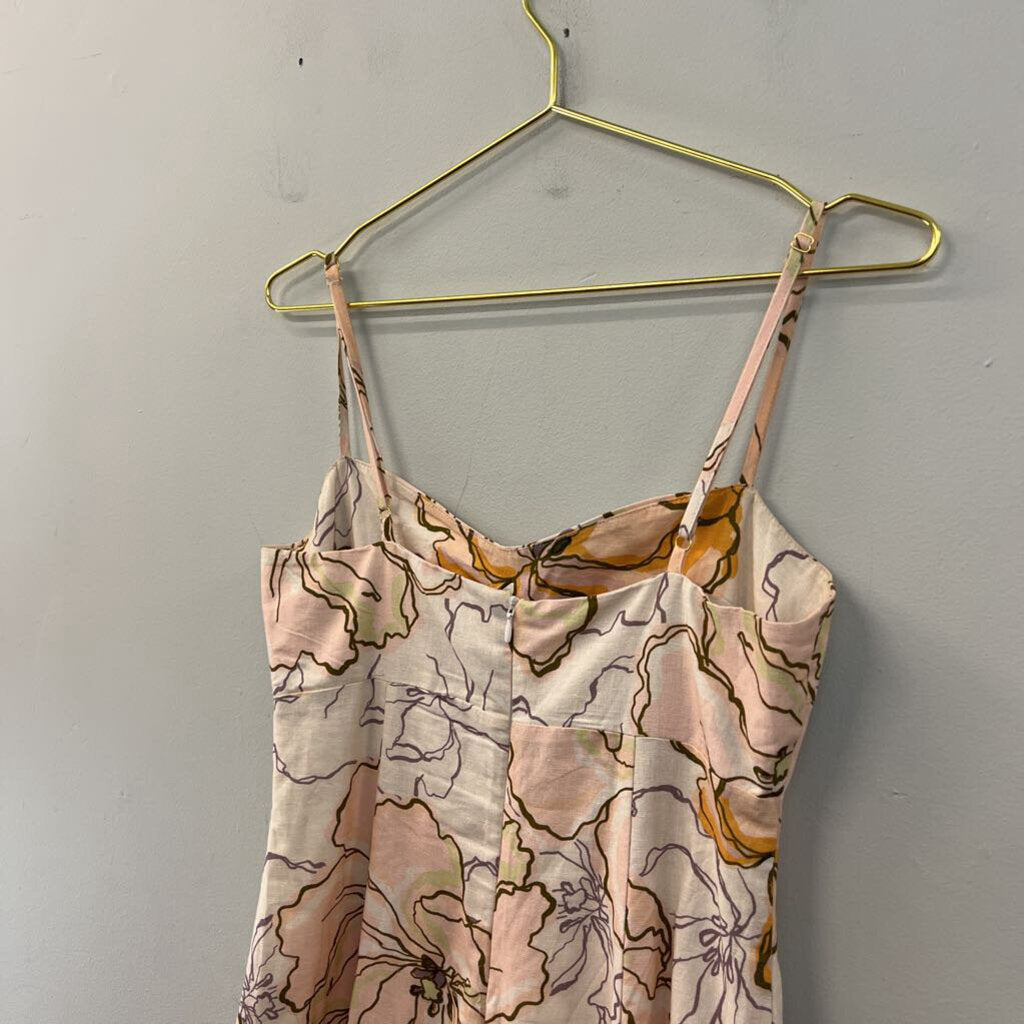 Amalie Pink/ White Flower Print Linen Blend Midi Dress 6