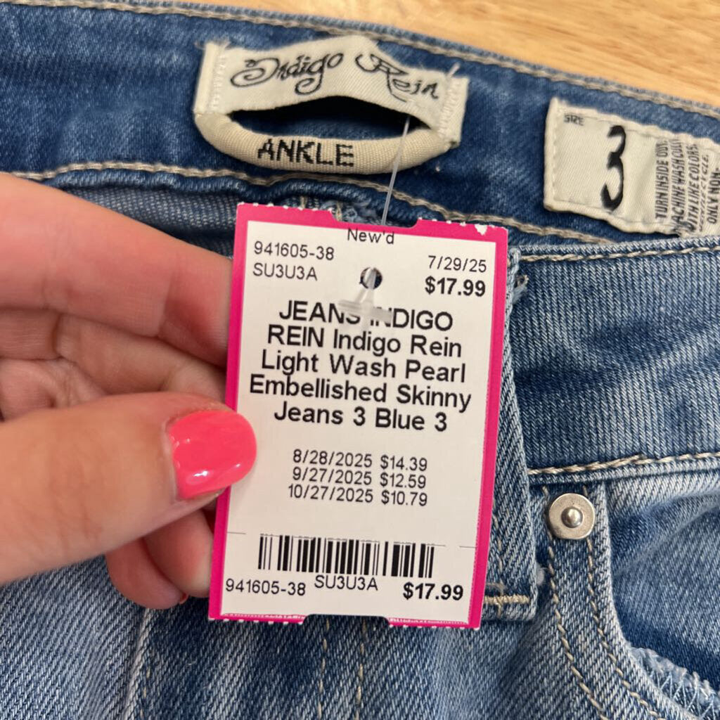 Indigo Rein Light Wash Pearl Embellished Skinny Jeans 3