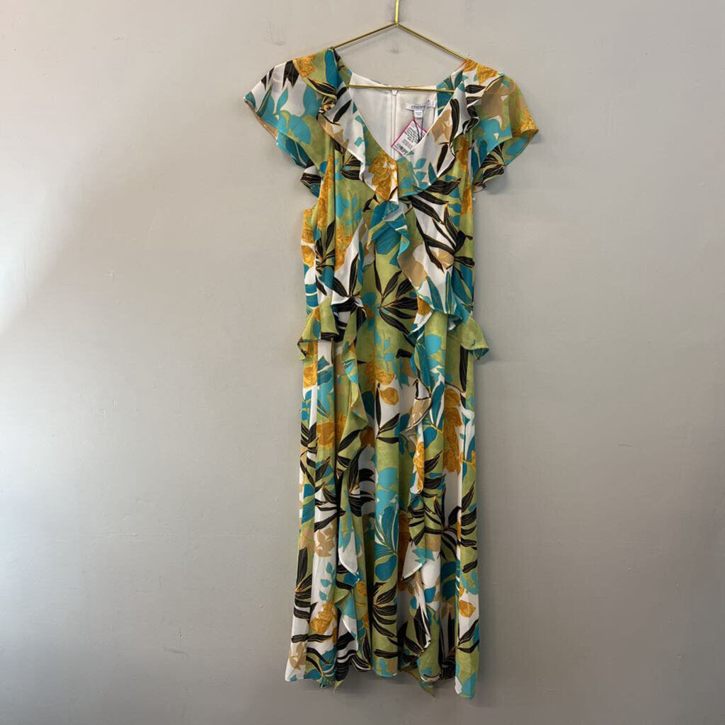 Chicos White/ Multi Print Ruffle Detail Midi Dress 10