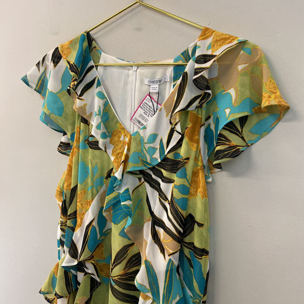 Chicos White/ Multi Print Ruffle Detail Midi Dress 10
