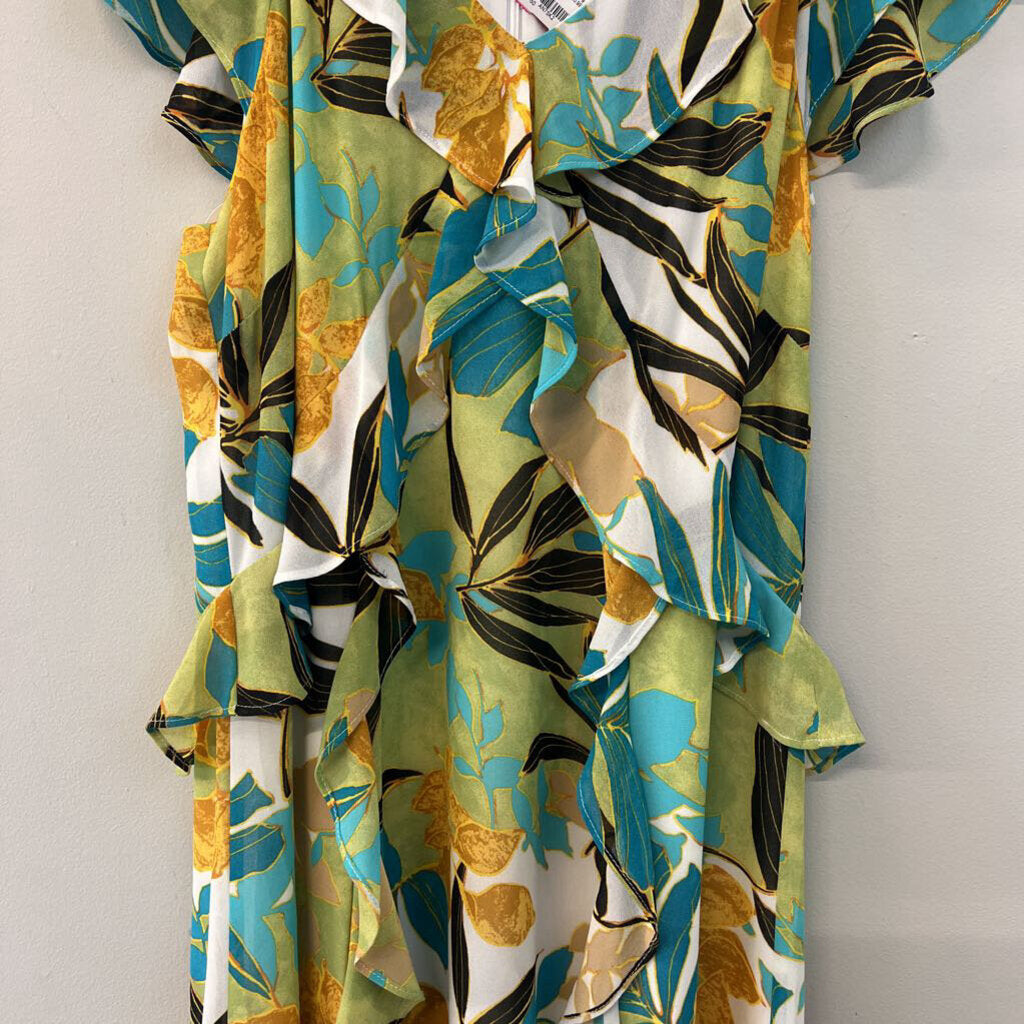 Chicos White/ Multi Print Ruffle Detail Midi Dress 10