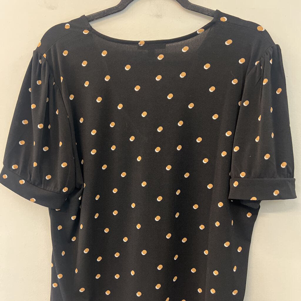 Adrianna Papell Black/ Beige Polka Dot Short Sleeve Top Large