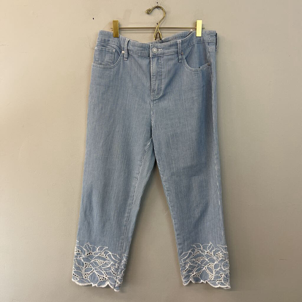 Chicos Blue/ White Striped Embroidered Hem Pants 10