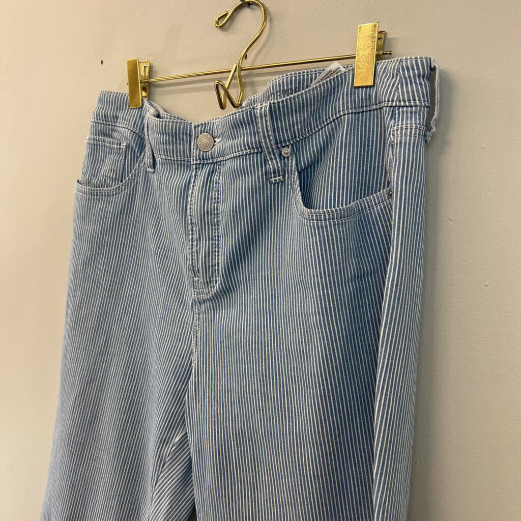 Chicos Blue/ White Striped Embroidered Hem Pants 10