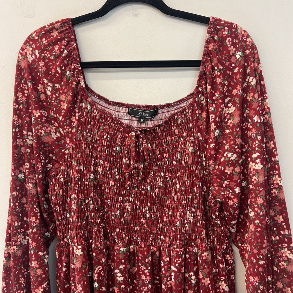 Vibe Red/ Multi Print Long Sleeve Smocked Top Dress 2X