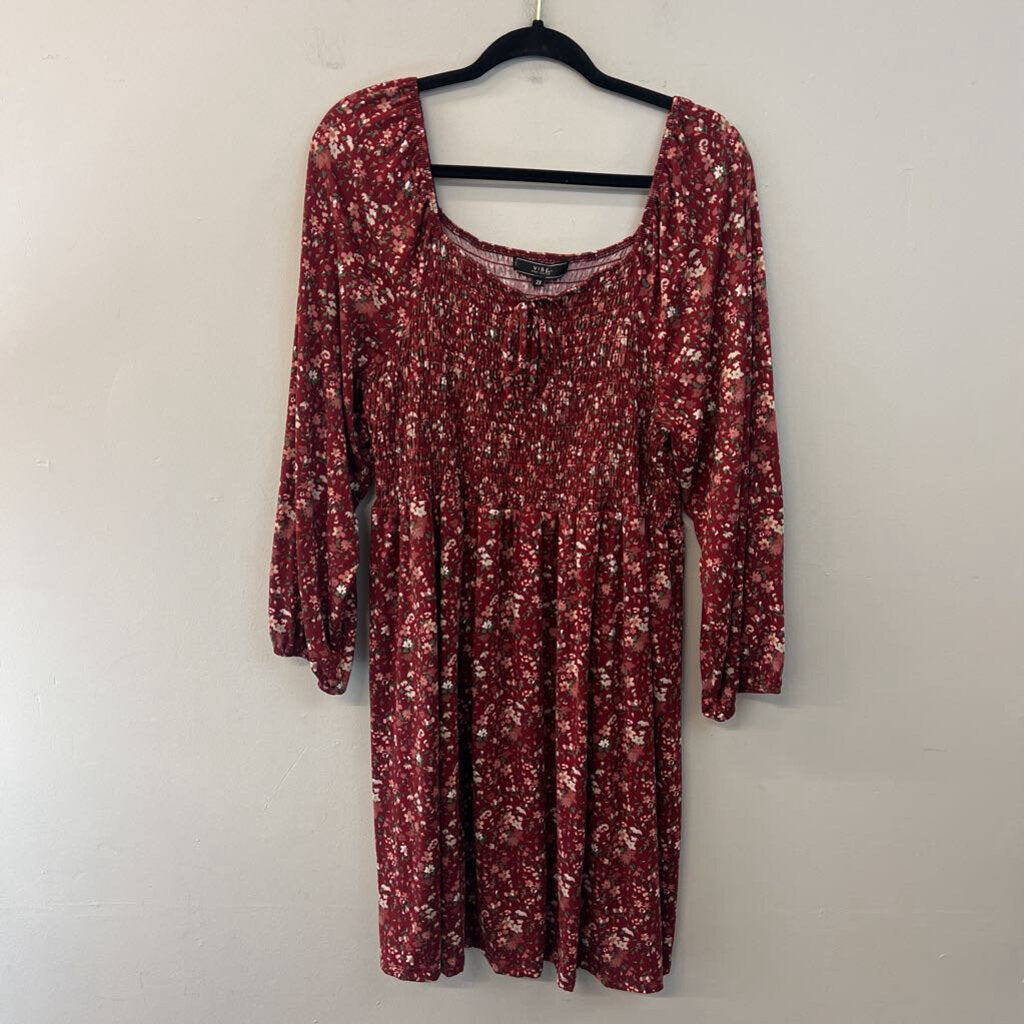 Vibe Red/ Multi Print Long Sleeve Smocked Top Dress 2X