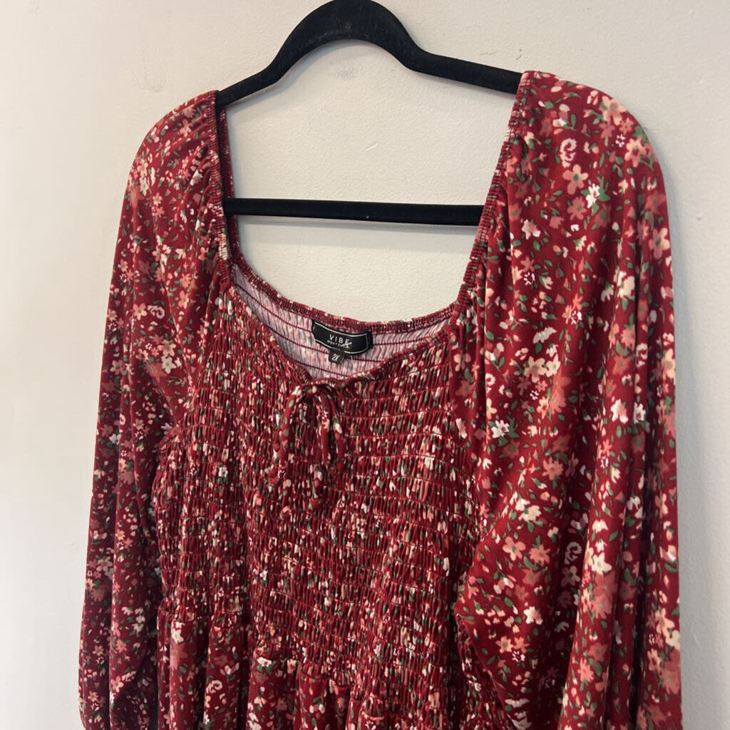 Vibe Red/ Multi Print Long Sleeve Smocked Top Dress 2X