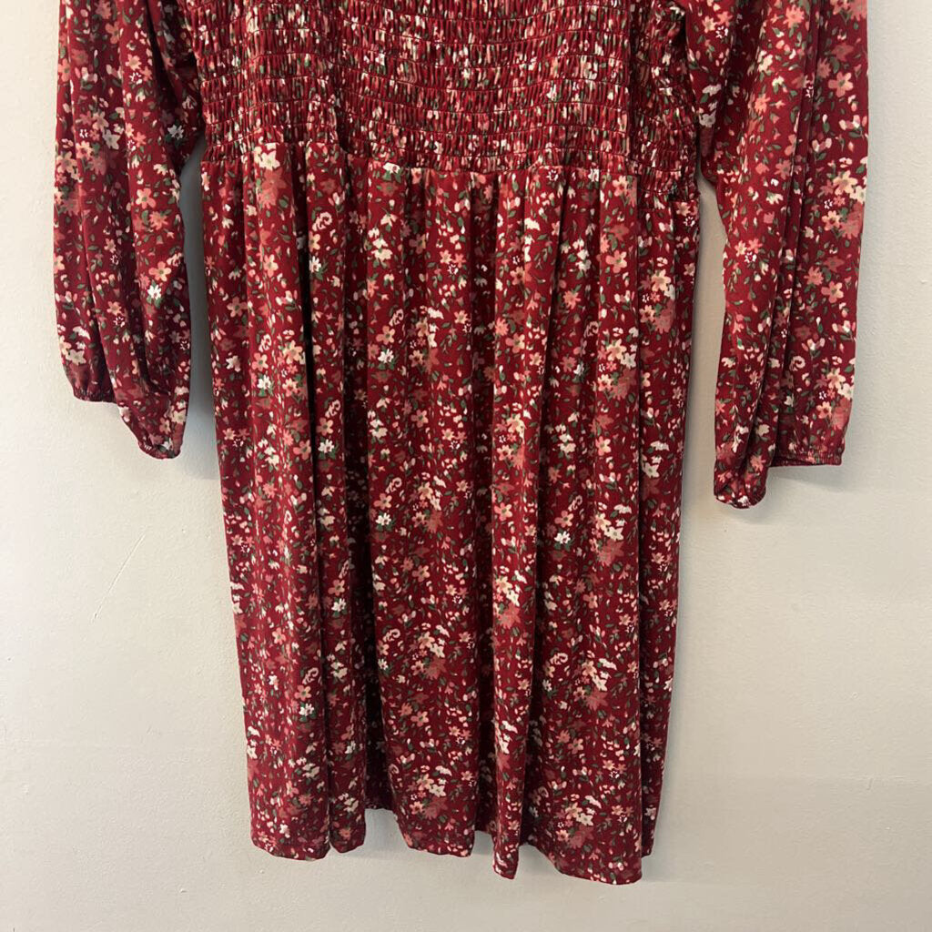 Vibe Red/ Multi Print Long Sleeve Smocked Top Dress 2X