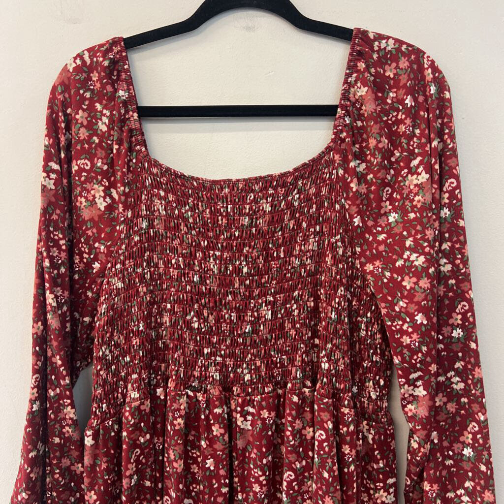 Vibe Red/ Multi Print Long Sleeve Smocked Top Dress 2X