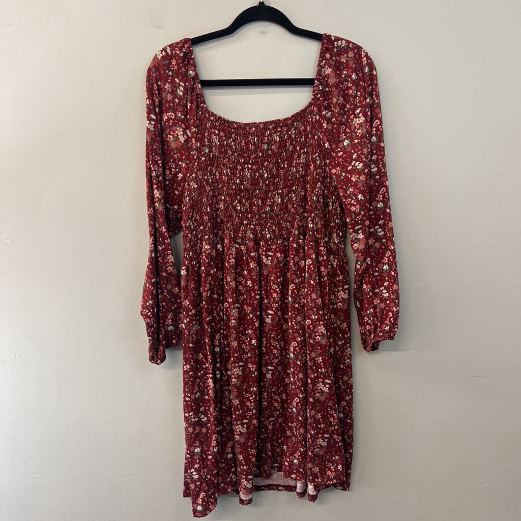 Vibe Red/ Multi Print Long Sleeve Smocked Top Dress 2X