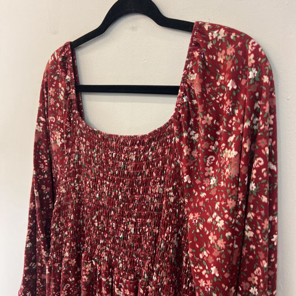Vibe Red/ Multi Print Long Sleeve Smocked Top Dress 2X