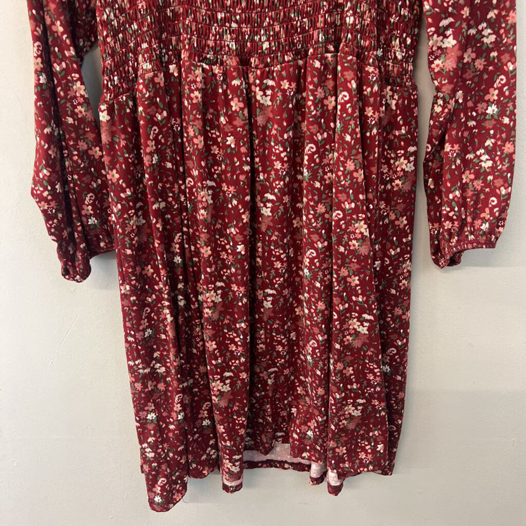 Vibe Red/ Multi Print Long Sleeve Smocked Top Dress 2X