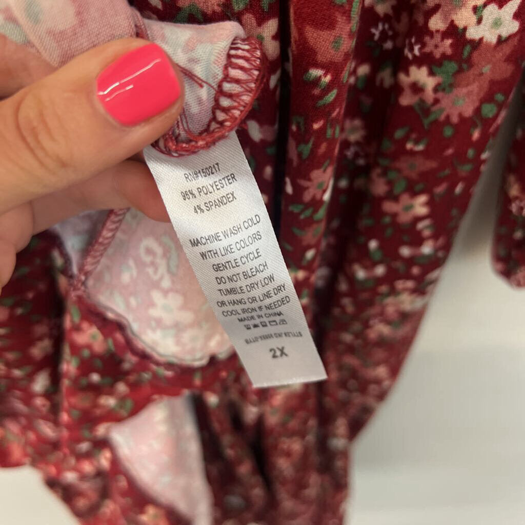 Vibe Red/ Multi Print Long Sleeve Smocked Top Dress 2X