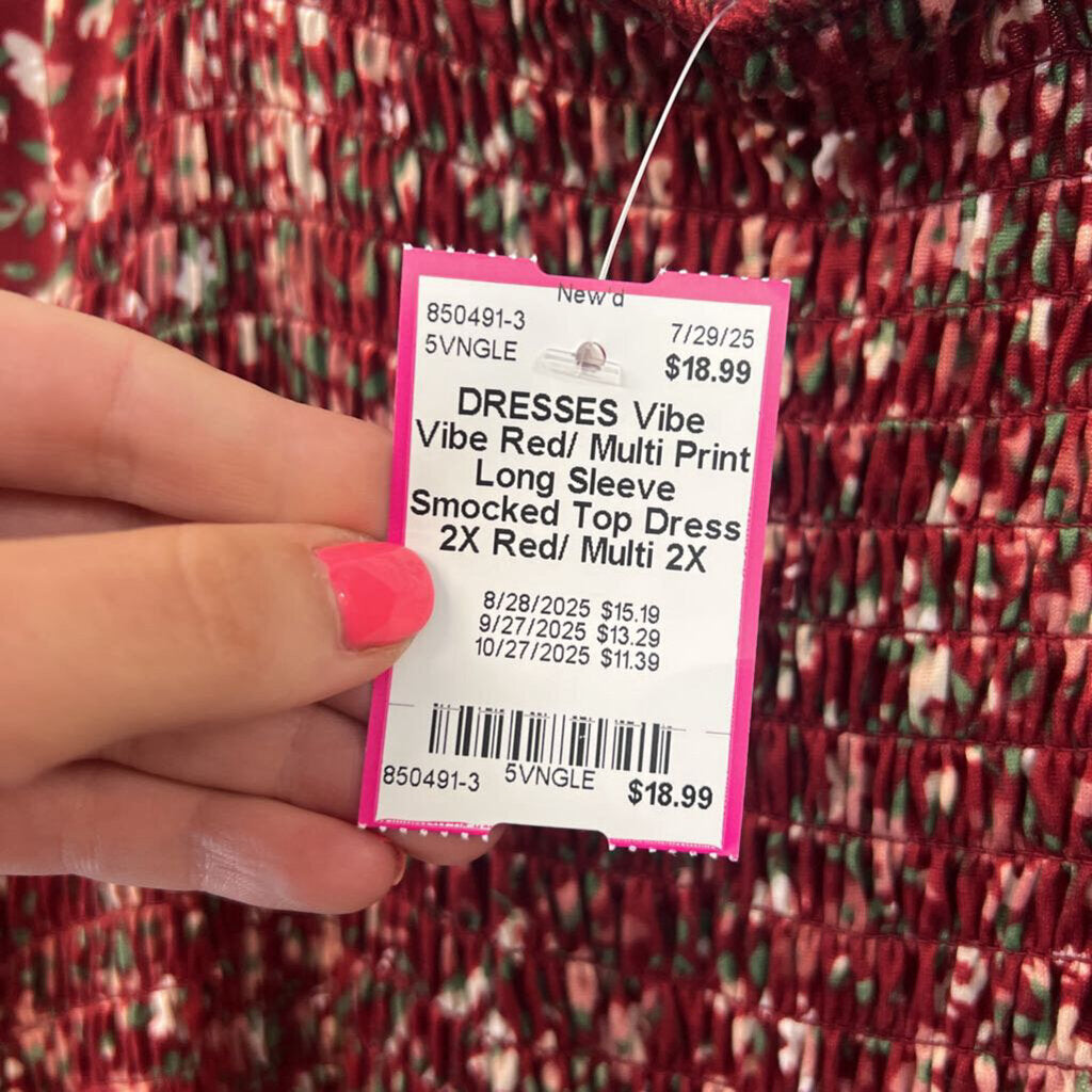 Vibe Red/ Multi Print Long Sleeve Smocked Top Dress 2X