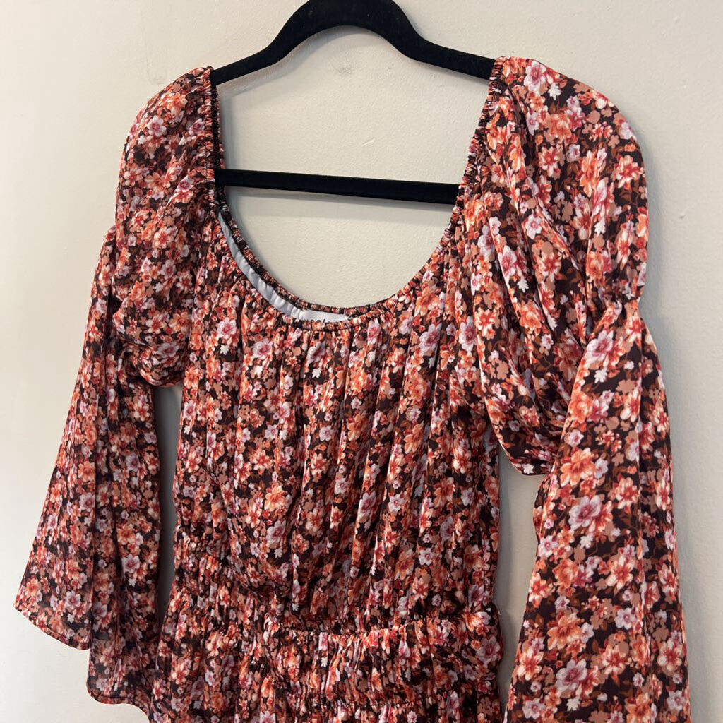 love@fs Brown/ Orange Flower Print Long Sleeve Dress Medium