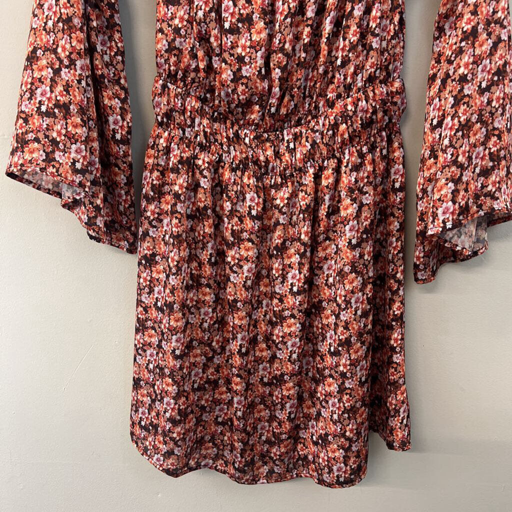 love@fs Brown/ Orange Flower Print Long Sleeve Dress Medium