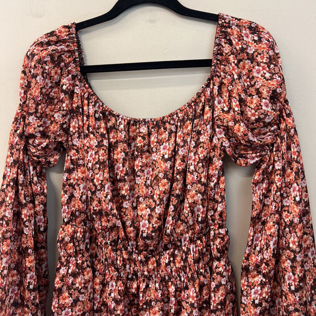 love@fs Brown/ Orange Flower Print Long Sleeve Dress Medium