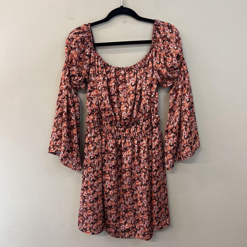 love@fs Brown/ Orange Flower Print Long Sleeve Dress Medium