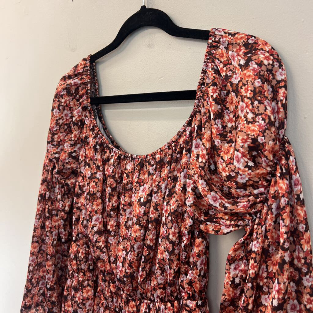 love@fs Brown/ Orange Flower Print Long Sleeve Dress Medium