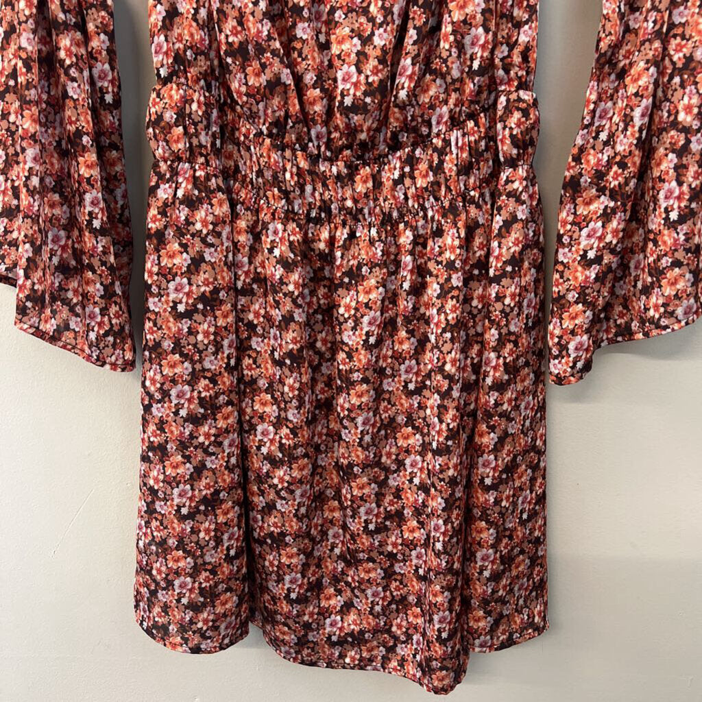 love@fs Brown/ Orange Flower Print Long Sleeve Dress Medium